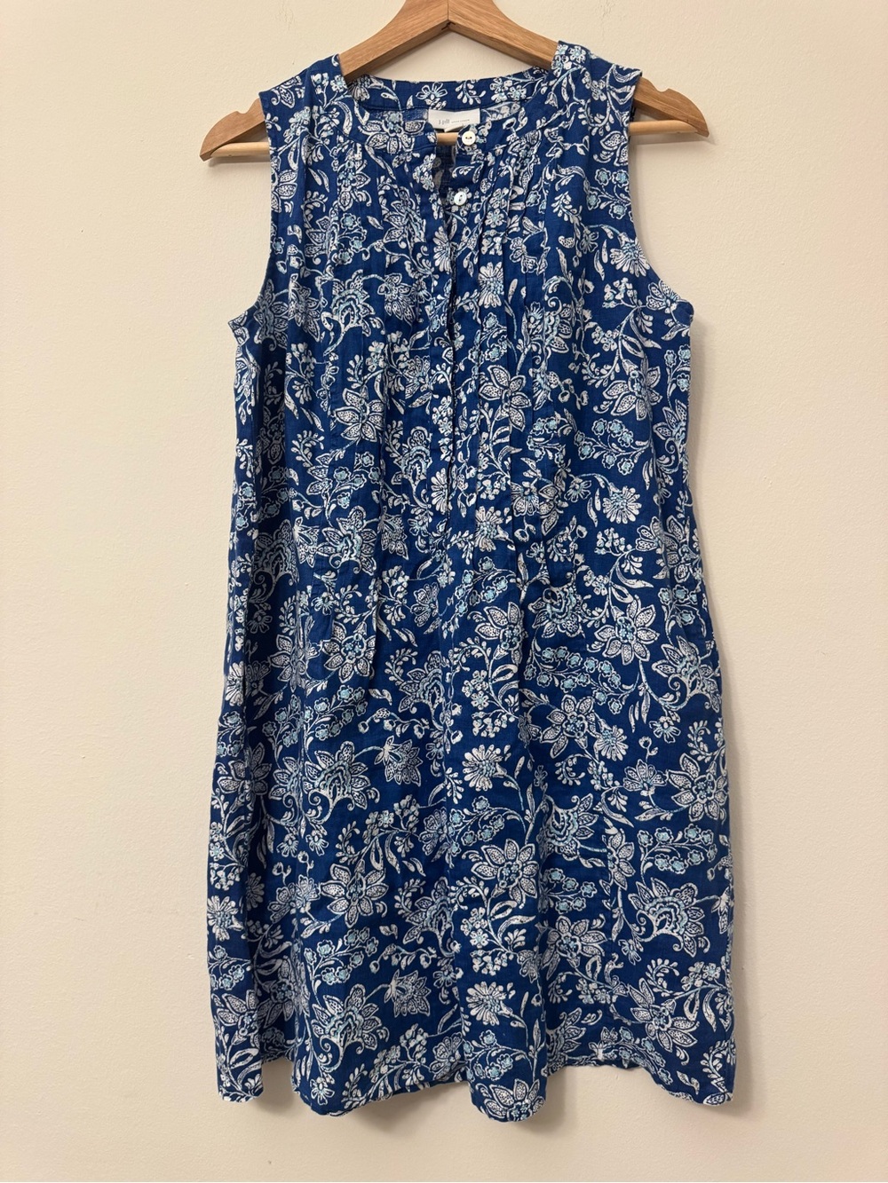 J. Jill Linen Floral Midi Dress Petite Small Navy Blue White Sleeveless Dress